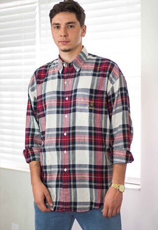 VINTAGE CHAPS RALPH LAUREN SHIRT FLANNEL LOGO 90S L 10.6