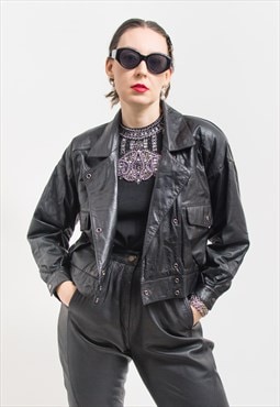 Vintage black leather jacket biker women motorcycle