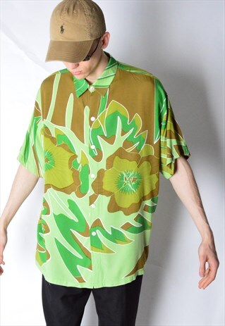 VINTAGE 80S GREEN ABSTRACT FESTIVAL SHORT SLEEVE SHIRT