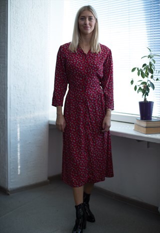 VINTAGE 80'S RED FLOWER PATTERNED DRESS