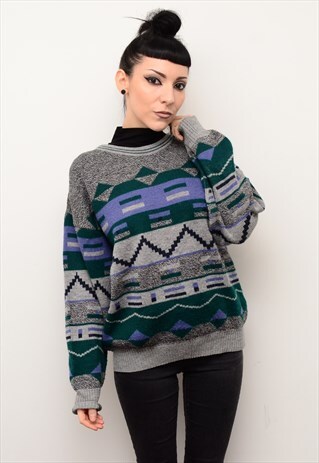 VINTAGE 90'S RETRO ABSTRACT PATTERNED SLOUCHY JUMPER