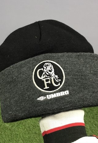 VINTAGE CHELSEA FC WINTER BEANIE HAT IN BLACK AND GREY WITH