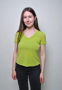 Y2k minimalist green tee shirt, 00s v-neck pullover top 