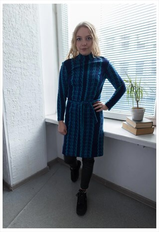 VINTAGE 70'S BLUE PATTERNED WOOL HIGH COLLAR DRESS