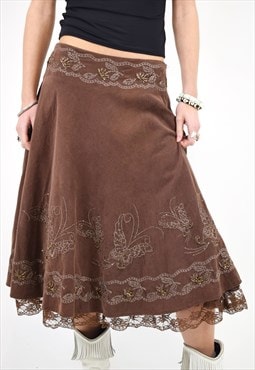 Vintage Y2K Corduroy Floaty Midi Skirt, Butterfly Embroidery