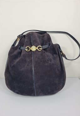 Gucci Vintage Navy Blue Suede and Leather Hobo Shoulder Bag