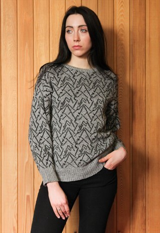 VINTAGE 1980S GREY PATTERNED JUMPER