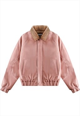Faux leather aviator jacket PU bomber winter coat pink