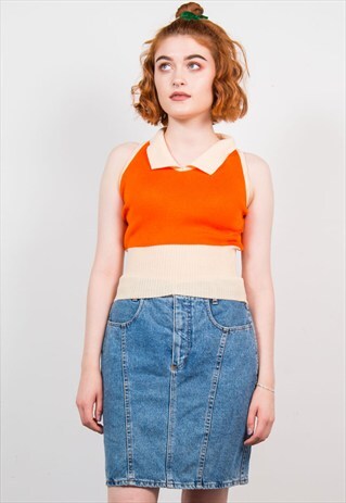 VINTAGE 70'S BRIGHT ORANGE KNIT COLLARED TOP