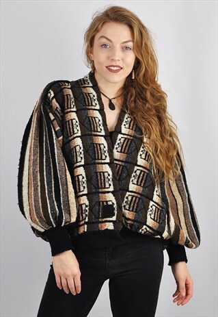 VINTAGE 80'S CHUNKY PATTERNED BATWING GRANNY KNIT CARDY