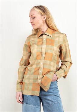 Vintage 70s Plaid Long Sleeve Blouse in Brown and Green