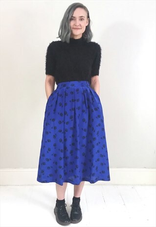VINTAGE 80'S BLUE BLACK FLORAL SKIRT W/ POCKETS