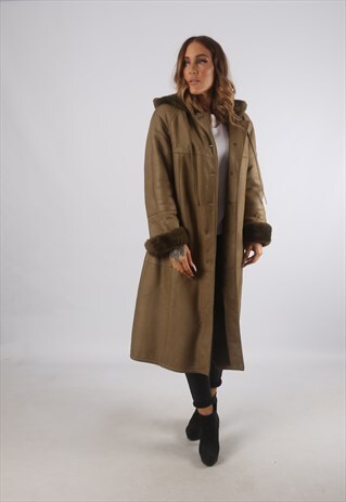 VINTAGE SHEEPSKIN LEATHER SHEARLING COAT MID HOODED (K93J)