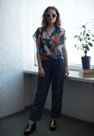 VINTAGE 80'S MULTICOLOUR FLOWER PRINT CROPPED WRAP TOP