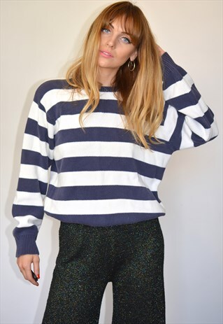 VINTAGE 90S POLO RALPH LAUREN NAVY & WHITE STRIPE JUMPER