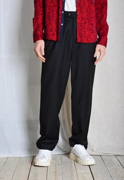 Vintage 90s Black Minimalist Wool Pleated Mens Pants