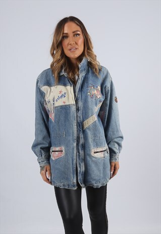 VINTAGE DENIM JACKET OVERSIZED LONGLINE UK 12 M (AX5I)