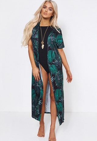 GREEN PALM PRINT KIMONO