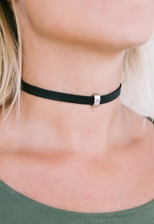 BLACK CHOKER NECKLACE, SILVER RECTANGLE CHARM, GIFT FOR HER
