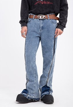 Extreme zipper jeans flared denim pants punk joggers blue 