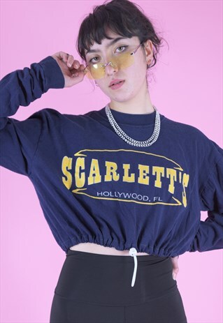 VINTAGE 90S REWORKED CROP TOP IN BLUE WITH HOLLYWOOD PRINT