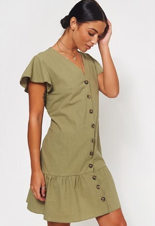 SHILO KHAKI BUTTON DOWN SHIFT DRESS