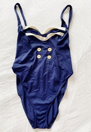 VINTAGE 80S LUXE NAUTICAL MARINE SWIMSUIT BODY LEOTARD