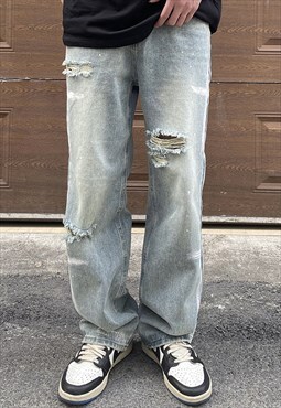 Blue Washed Distressed Cargo Denim Jeans pants trousers 