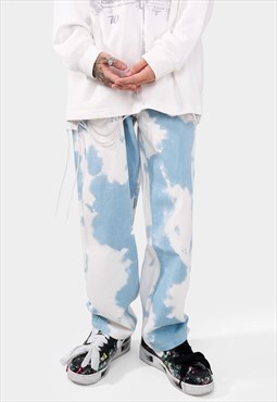 Tie-dye jeans washed out cloud denim pants in blue