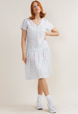Vintage Short Sleeve Button Up Pleated Midi Dress Pastel M