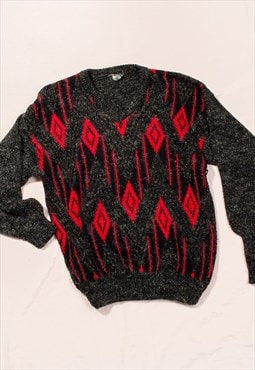 Vintage Jumper 80s Retro Ugly Sweater in Red Grey Argyle