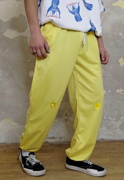 Heart embroidery joggers thin bright overalls in yellow