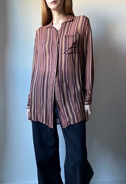 Vintage Burgundy Beige Sheer Striped Blouse Size XS-M DODF 