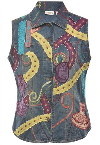 BEYOND RETRO VINTAGE SLEEVELESS PATCHED DENIM 1990S JACKET -