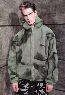 Graffiti fleece jacket faux fur ted bear bomber jacket green