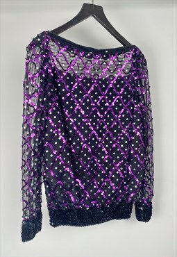 70's Vintage Evening Festival Sequin Black Purple Silver Top