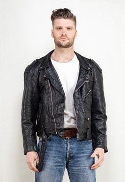 Vintage 70's Men Leather Biker Jacket in Black