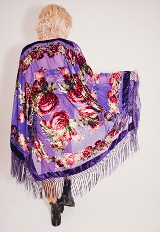 BURNOUT VELVET FESTIVAL KIMONO JACKET WITH FRINGING