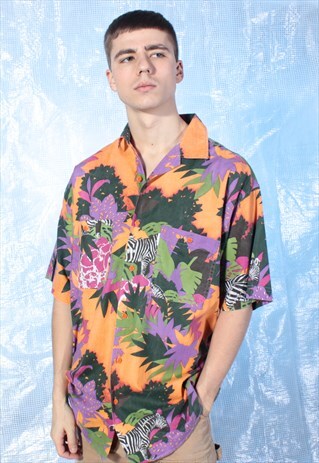 VINTAGE ORANGE, PURPLE AND GREEN PATTERNED SHIRT