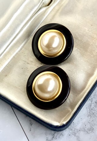 90S BLACK GOLD & FAUX PEARL EARRINGS VINTAGE JEWELLERY