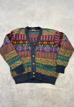 Vintage Knitted Cardigan Abstract Patterned Grandad Sweater