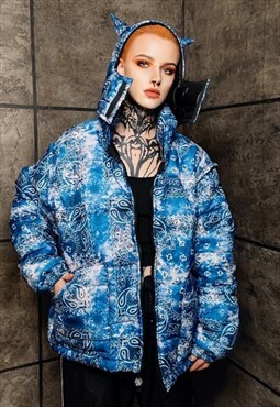 Tie-dye paisley bomber jacket detachable bandanna puffer