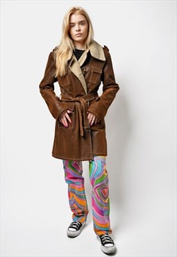 Vintage 80's suede leather coat women's brown winter women