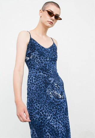 VINTAGE BLUE LEOPARD PRINT MAXI SUMMER STRAP DRESS