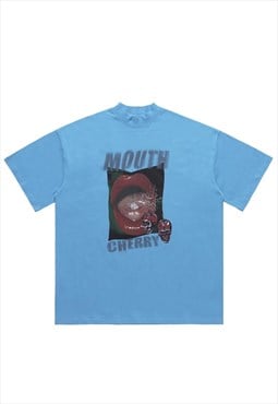 Lips print t-shirt grunge lipstick tee mouth top in sky blue