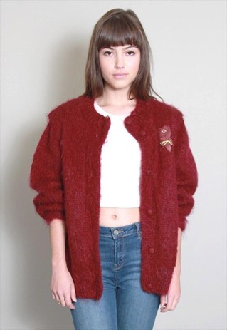 VINTAGE 1980'S SOFT MOHAIR RED EMBELLISHED CARDIGAN