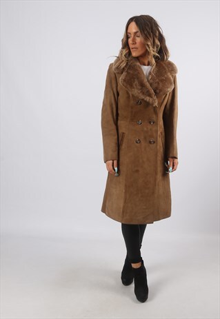 FAUX SHEEPSKIN SUEDE SHEARLING COAT JACKET UK 10 (8BF)