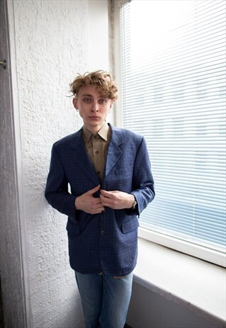 VINTAGE 80'S BLUE CHECKED WOOL BLAZER
