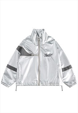 Metallic varsity jacket shiny windbreaker crop coat silver