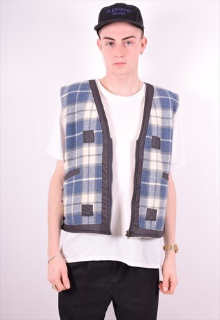 MENS VINTAGE GILET LARGE BLUE CHECK 90'S